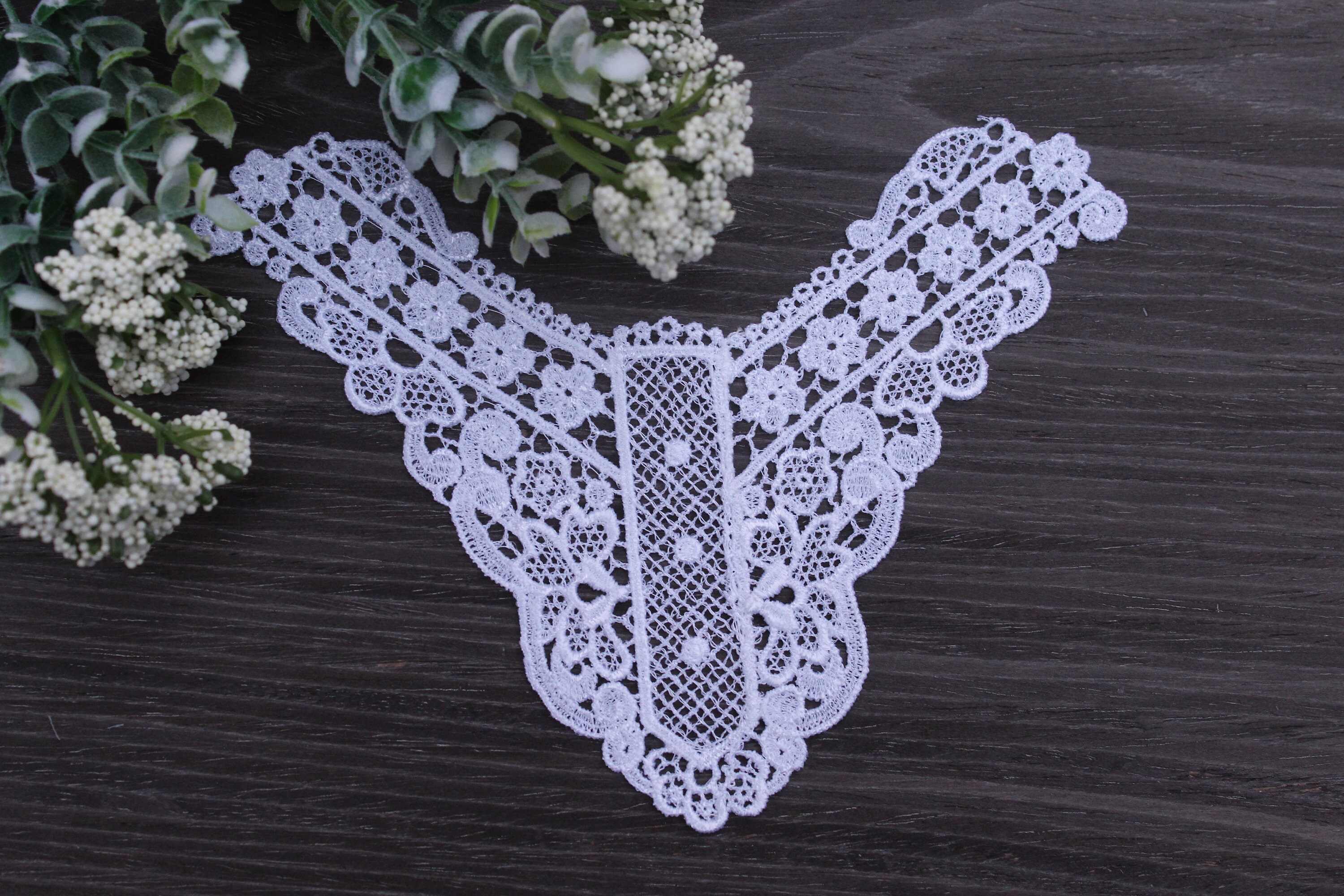 AHANDMAKER Embroidered Lace False Collar - White Lace-Up Detachable Neckline Trim - View #2