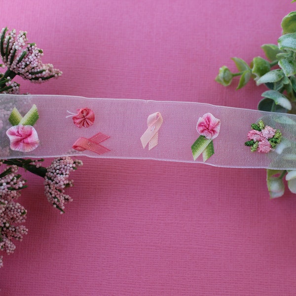 7/8" Pop Out Embroidered Flower and Ribbon Breast Cancer Awareness Organza Ribbon Trim (BLT004-P) - Sold by the Yard -