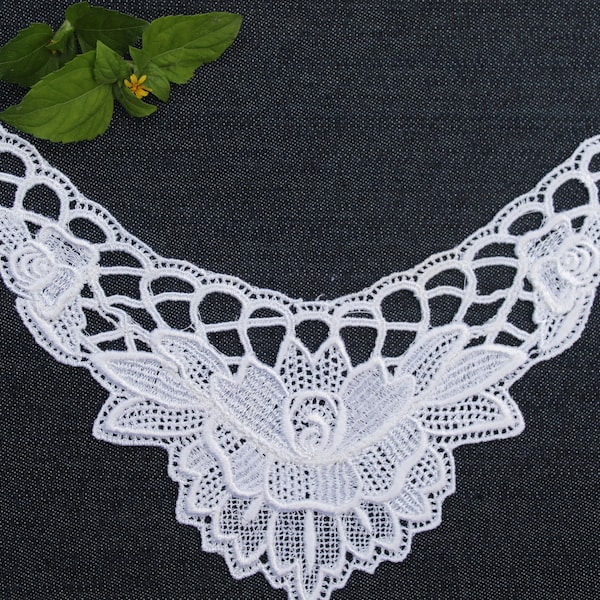 6 7/8" X 9 1/2" White Floral Lace Neckline Collar Appliqué (APP010-W)
