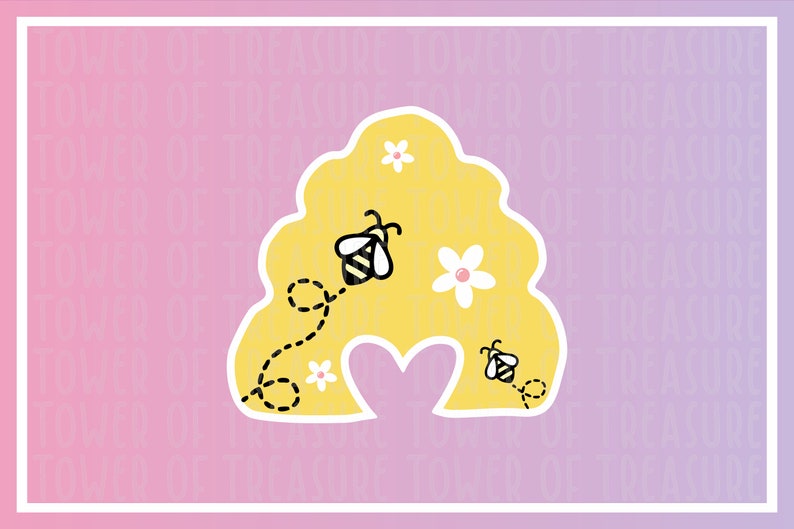 May include: A yellow honeycomb shape with a heart cut out in the middle. There are two bees flying around the honeycomb, one with a dotted line trail behind it. There are white flowers with yellow centers inside the honeycomb.