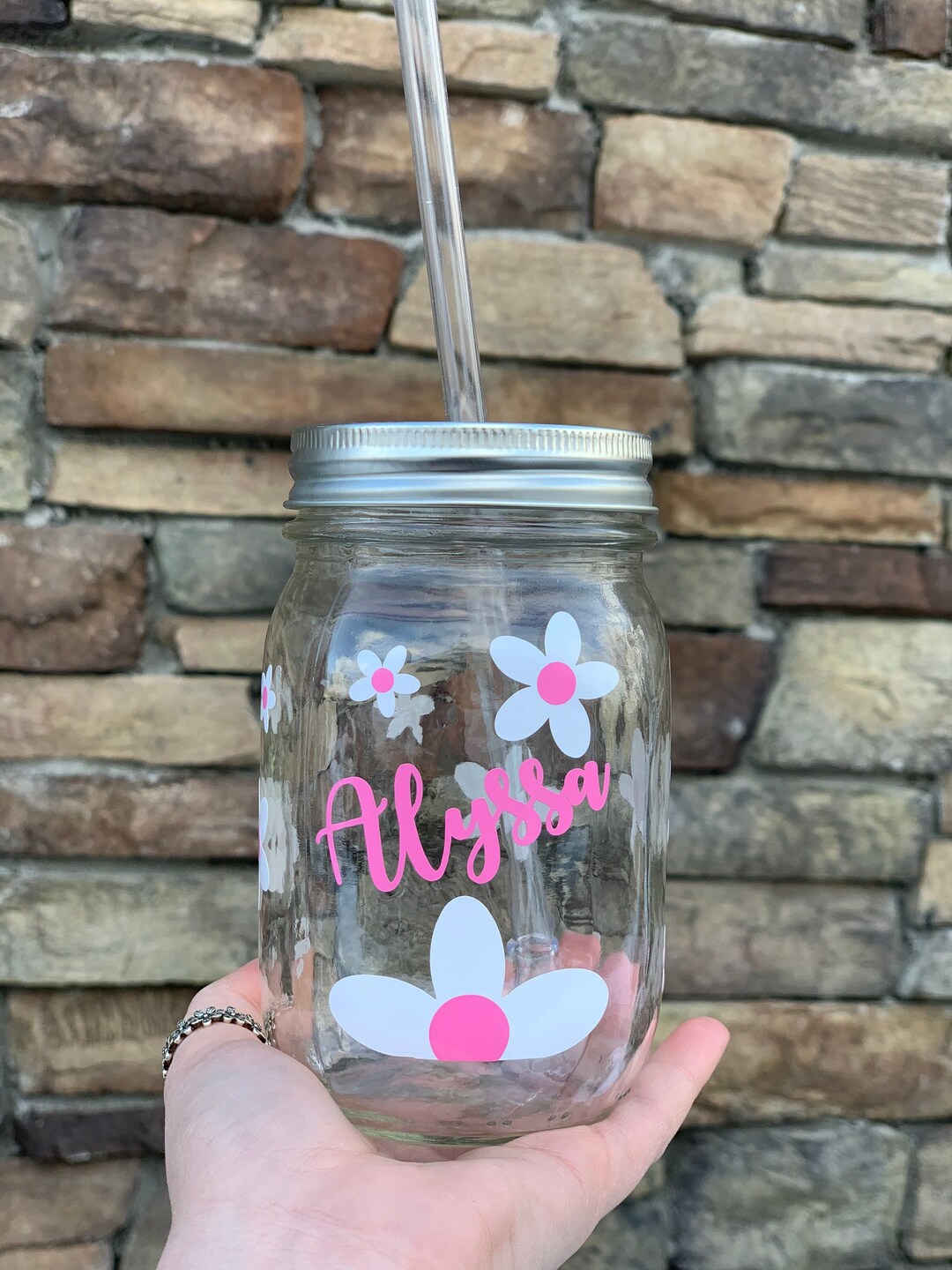 Personalized Daisy Mason Jar Tumbler With Straw Custom Mason Jar Name ...