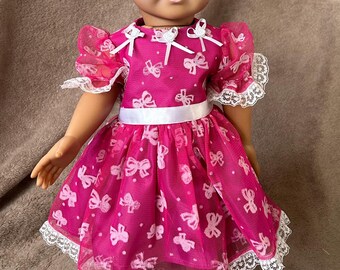 Handmade Original Design Fuchsia netting with pink flocked bows party dress for 18inch Doll
