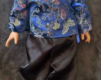 Handmade Original Design Outfit for 18inch Doll - Royal Blue Brocade Wrap and Black Pants
