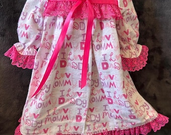 Handmade Original Design Nightgown for 18inch Doll - Pink on White, I love Mommy/Daddy