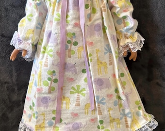 Handmade Original Design Nightgown for 18inch Doll - White Flannel with Purple Elephants