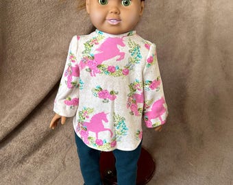 Handmade Original Design Tan top with pink unicorns and teal leggings for 18inch Doll