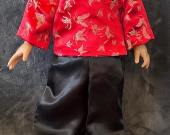Handmade Original Design Outfit for 18inch Doll - Red Butterfly Brocade Wrap and Black Pants