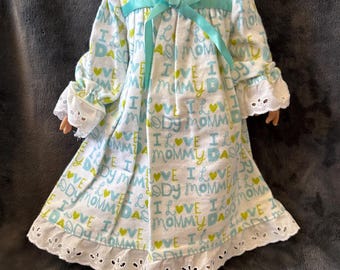 Handmade Original Design Nightgown for 18inch Doll - Aqua on White, I love Mommy/Daddy