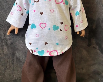 Handmade Original Design Outfit for 18inch Doll - Heart Print T-shirt and Brown Pants