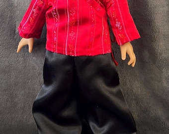 Handmade Original Design Outfit for 18inch Doll - Red Brocade Wrap and Black Pants