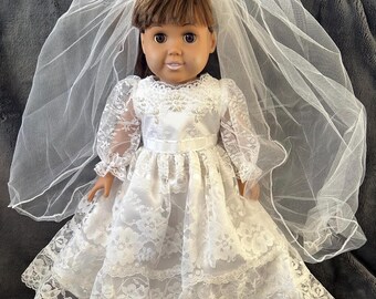 Handmade Original Design Outfit for 18inch Doll - White lace Christening with beading and veil