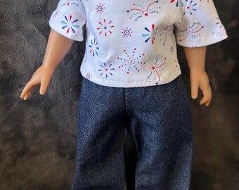 Handmade Original Design Outfit for 18inch Doll - Fireworks T-shirt with Jeans