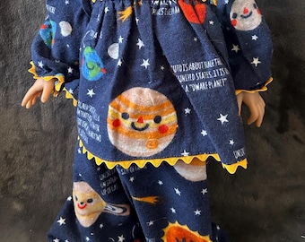 Handmade Original Design Pajama Set for 18inch Doll - Planets on Navy Flannel with Yollow Rickrack