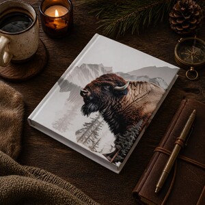 May include: A hardbound journal with a bison illustration on the cover. The cover art features a detailed depiction of a bison against a backdrop of mountains and trees. The journal is surrounded by a cup of coffee, a candle, and a compass.