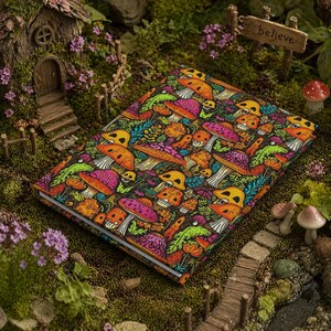 Könnte beinhalten: Ein Hardcover-Notizbuch mit einem lebendigen Pilzmuster in Orange, Pink, Gelb und Grün auf schwarzem Hintergrund. Das Notizbuch befindet sich in einem Miniatur-Feengarten mit einem Schild mit der Aufschrift "believe".