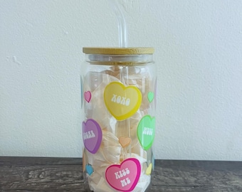 Glass Cup with Hearts, Valentine Candy Cup with Straw, Glass Cup for Valentines Day