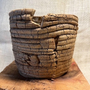 May include: A handmade, textured, brown ceramic pot with a unique, cracked surface. The pot has a cylindrical shape with a slightly irregular rim. It sits on a wooden base, showcasing its rustic aesthetic. The pot's design suggests a focus on natural materials and artisanal craftsmanship.