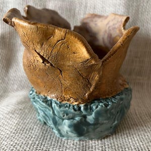 Könnte beinhalten: Eine handgefertigte Keramikschale mit einer einzigartigen, organischen Form. Die Schale hat eine strukturierte, hellbraune Außenseite und einen türkisfarbenen Sockel. Der Rand der Schale hat ein unregelmäßiges, gefaltetes Design, das ihren künstlerischen Reiz unterstreicht. Dieses dekorative Stück ist ideal für die Inneneinrichtung.