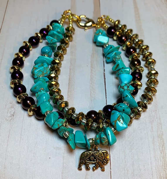 Turquoise Hematite and River Shell Bracelet
