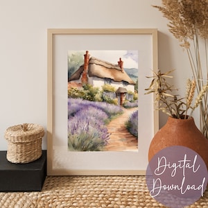 Lavender Cottage Watercolor Print| Cottagecore | Whimsical Home Decor | Printable Landscape Art | Instant Download