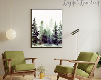 Pine Forest Watercolor Digital Art | Forest Landscape Art | Printable Wall Art | Digital Art | Forest Trees Print | Green Nature Decor