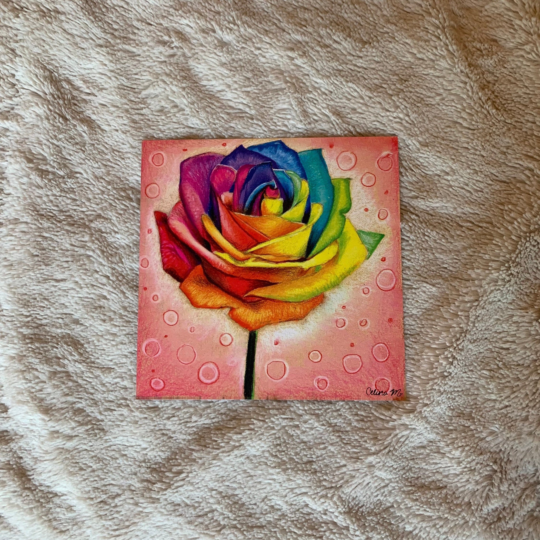 Rainbow Rose Print, 6x6 Inches, Hand Drawn Color Pencil Print