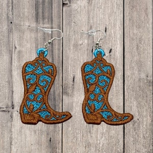 Robin egg Blue and brown Embroidered Cowgirl boot earrings, FSL earrings, Dangle Earrings, western earrings,