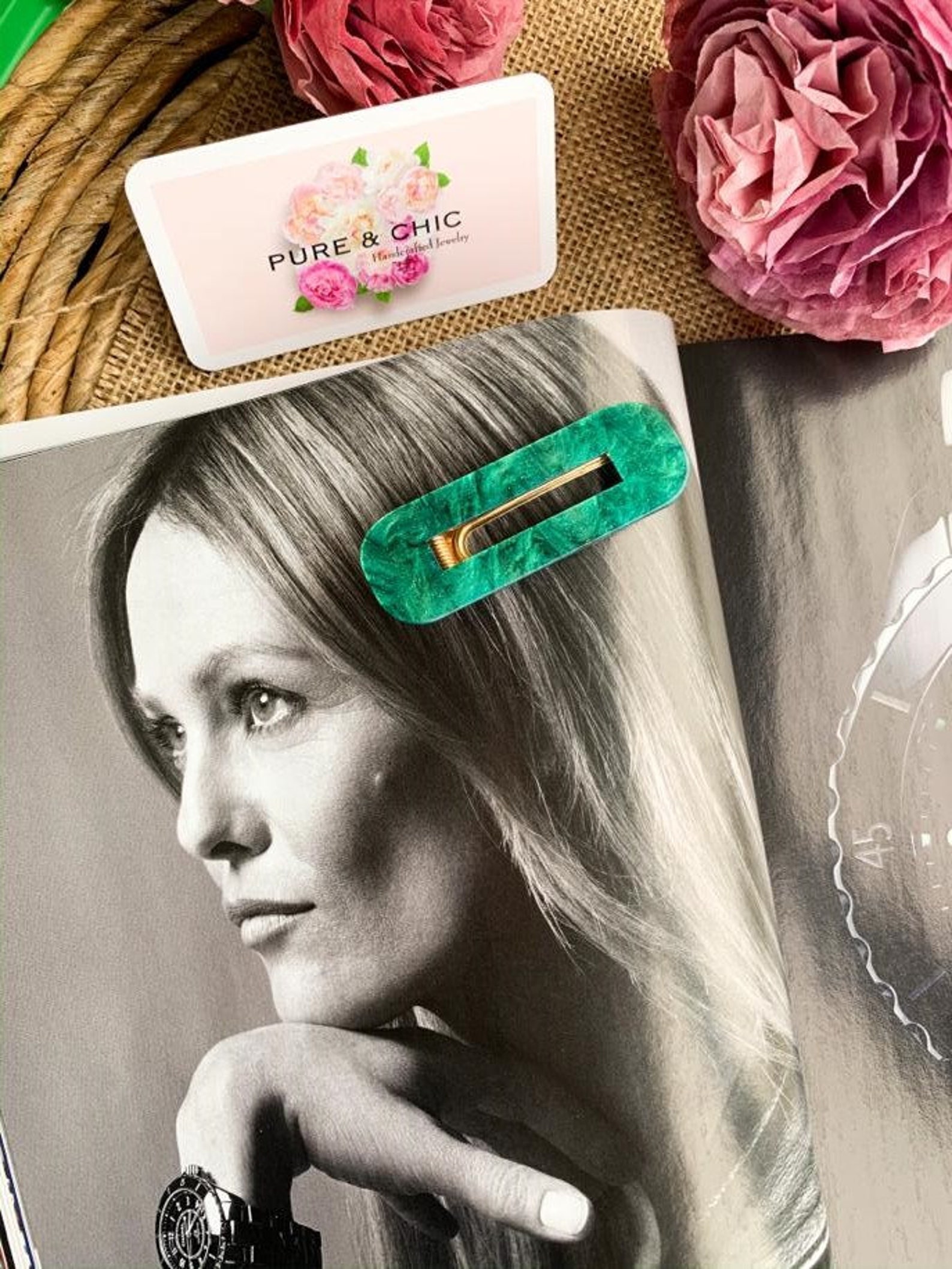 3 Pieces Set Marble Green Hair Clips Triangle & Rectangle Etsy