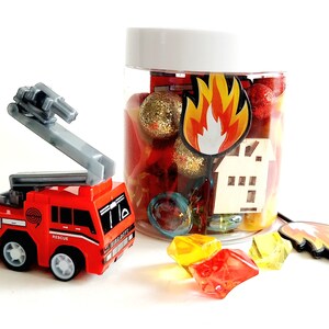 Firetruck Party Favors, Playdough Jar, Playdough Kit, Firetruck Birthday, Sensory Kit, Sensory Bin, Firefighter, Party Favors for Kids