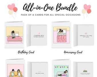All in One Card Bundle (Pack of 4) | Cute Lesbian Greeting Cards | WLW Romantic Anniversary Cards | LGBTQ Valentine's Day Cards & Gifts