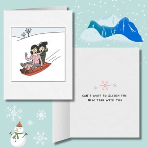 J’ai hâte de faire du traîneau pour la nouvelle année avec vous | Carte de Noël lesbienne romantique | Cadeaux de Noël lesbiennes mignons | Carte de vœux punny