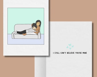 I Still Can't Believe You're Mine, Romantic Lesbian Card, LGBT Gift, WLW Sapphic Xmas Anniversary Birthday Card, Gay Lesbian Couple Cuddling