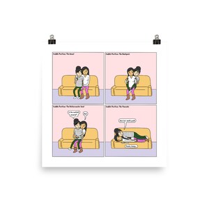 Kuschelpositionen | Süße lesbische Beziehung | Jahrestagsgeschenke | Lesben LGBTQ Comic-Druck (10 &quot;x 10&quot;) | Volle Farbe | Sesam aber anders