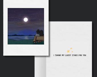 I Thank My Lucky Stars For You Lesbian LGBTQ Greeting Card, Cute Romantic Anniversary Gifts, WLW Sapphic Relationship Comic Greeting Cards