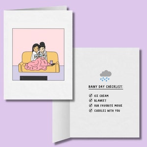 Liste de contrôle des jours de pluie | Carte lesbienne romantique mignonne | Cadeau d’anniversaire LGBTQ de tous les jours | WLW Humour | Cartes de vœux de la saison d’automne Sapphic Love