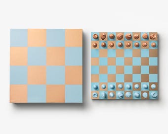 Luxury Chess Set Blue and Copper, Modern Coffee Table Game