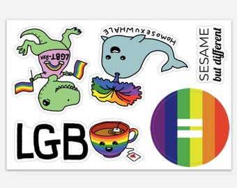 Punny Cute LGBT-Rex, Homosexu-Whale, LGB-Tea, Równość Tęczowa naklejka winylowa Arkusz | Gay Pride | LGBTQ | Naklejki na laptopa