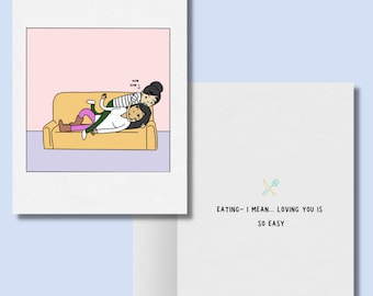 Eten, ik bedoel, van je houden is zo gemakkelijk | Grappige romantische lesbische kaart | Leuk LGBTQ-verjaardags- of Valentijnsdagcadeau | Sapphische WLW homo-humor
