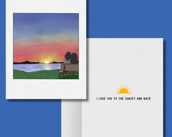 I Love You to the Sunset and Back, Romantic Lesbian Greeting Card, LGBTQ Anniversary Gift, Sapphic WLW Female Love Cards, Cute Gay Couple