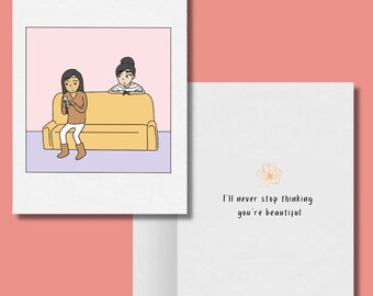 I'll Never Stop Thinking You're Beautiful, Romantic Lesbian Card, LGBT Gift, WLW Xmas Anniversary Birthday Card, Gay Lesbian Couple Hugging