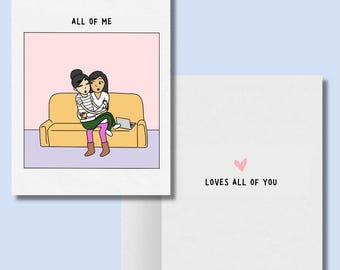 All of Me Loves All of You LGBTQ Greeting Card, Lesbian Anniversary Card, Gay Couple Valentine's Day Gifts, WLW Sapphic Comic Greeting Cards