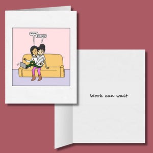 El trabajo puede esperar, lindos y divertidos regalos de aniversario LGBTQ, tarjetas femeninas sáficas WLW, pareja de lesbianas gays abrazándose, regalo de tarjeta de felicitación de cumpleaños divertida