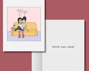 Work Can Wait Cute Funny LGBTQ Anniversary Gifts, Sapphic WLW Female Cards, Gay Lesbian Couple Cuddling, Playful Birthday Greeting Card Gift