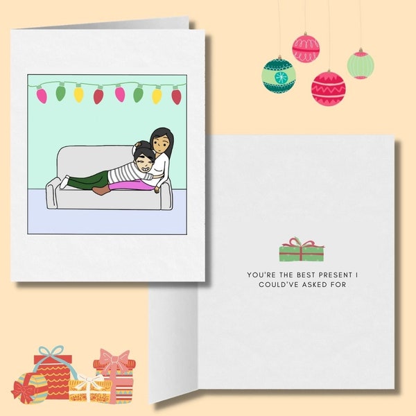 You're the Best Present I Could've Asked for | Romantic Lesbian Christmas | Cute LGBT Holiday Gift | WLW Cuddling Sapphic Xmas Greeting Card