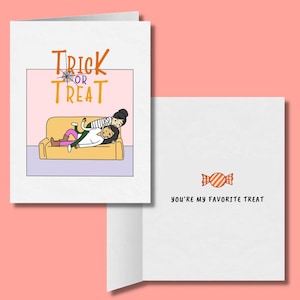 Trick or Treat My Favorite Treat | Carte de vœux d’Halloween lesbienne romantique | Mignon LGBTQ Halloween Cadeau | Relation saphique | WLW Couple