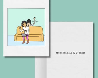 You're the Calm to My Crazy Romantic Lesbian Greeting Card, Cute LGBTQ Anniversary Gifts, Sapphic WLW Female Love, Gay Couple Greeting Cards