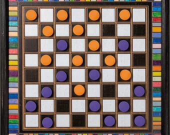 Colorful Wooden Checkers Board Game, Boho, Retro Board Game, Modern Game Decor