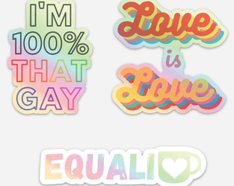 LGBTQ Pride Holographic Stickers | Rainbow Vinyl Sticker Pack of 3 | Gay Lesbian Pride | Die Cut Laptop Stickers
