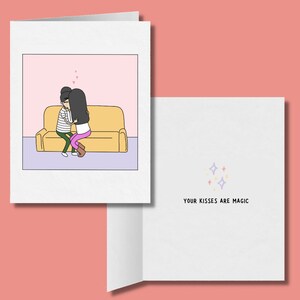 Vos baisers sont magiques, Noël romantique lesbien, joli cadeau de vacances LGBT, carte de voeux de Noël saphique câlins WLW, carte de couple gay lesbien