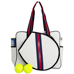 Tennis bag, white tennis bag, neoprene tennis tote, striped tennis bag, tennis gift, captain gift, racquet bag, bag has small damage mark